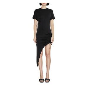 ET OCHS Womens Black Drawstrings Asymmetrical Hem Short Sleeve Midi Dress 2